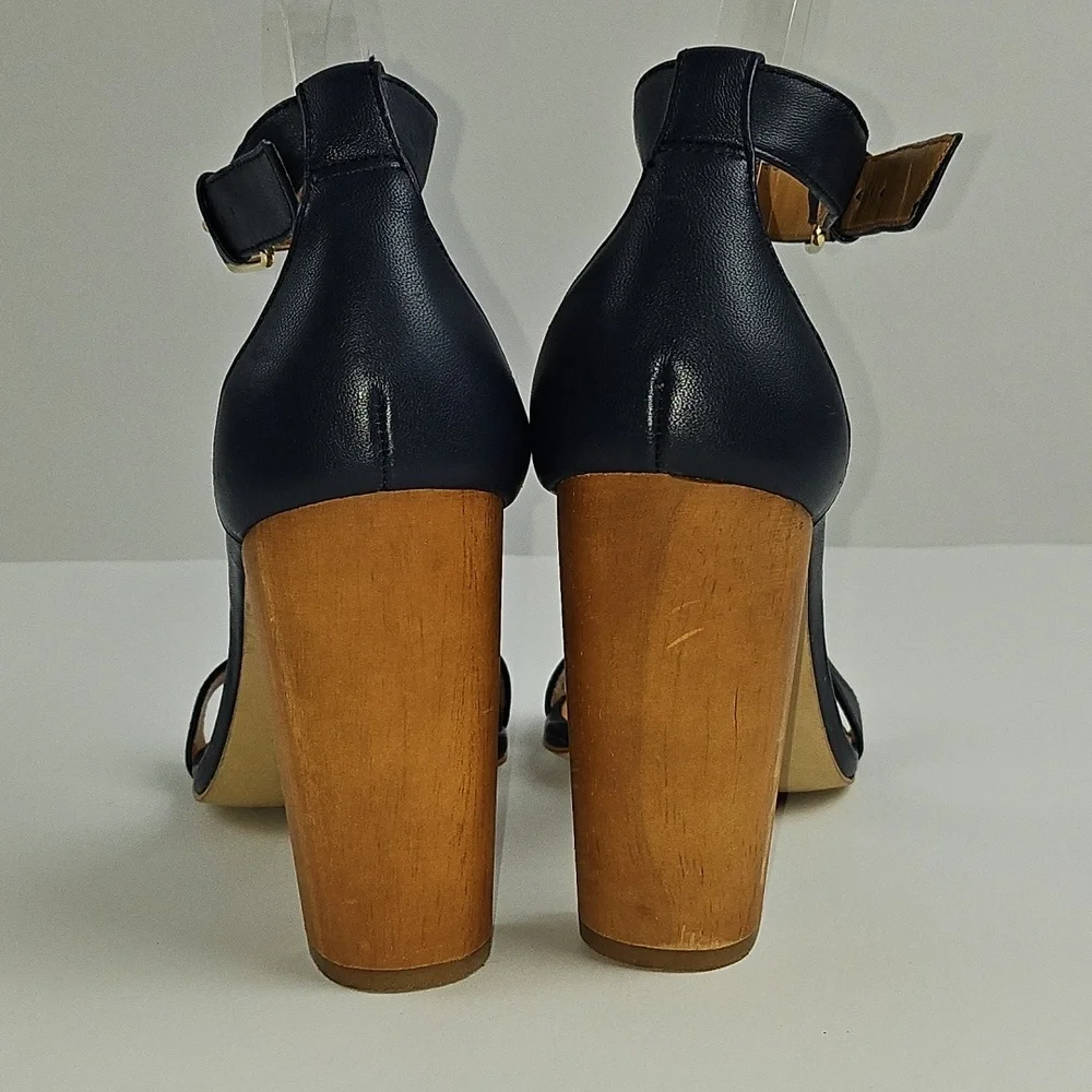 J. Crew Leather Navy Blue Open Toe Ankle Strap Wooden Block Heel Sandal